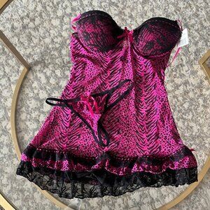 NWT Per Lei Babydoll Lingerie Dress Pink and Black Cheetah Print, Medium
